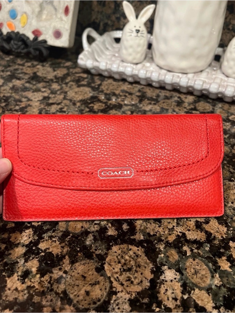 Coach Red Orange Pebbled Leather Slim Wallet